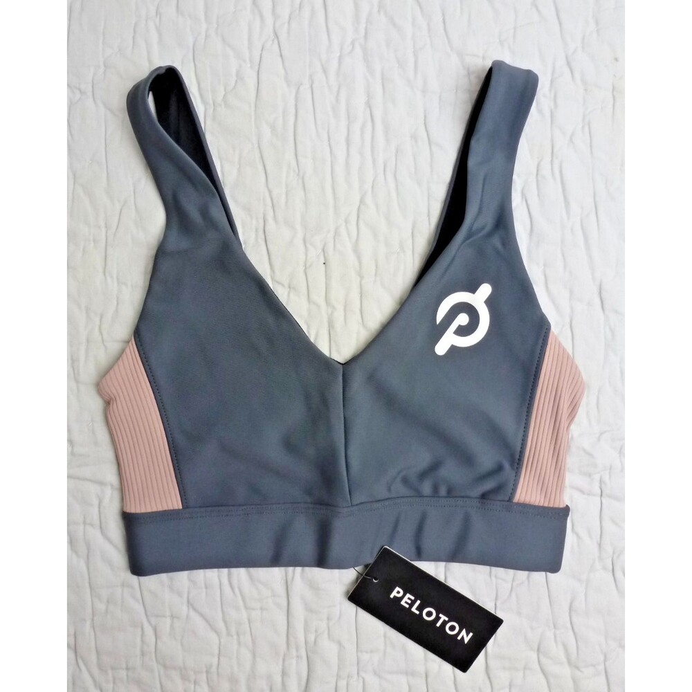 Peloton Sports Bra, Womens Small, Gray Pink, V Neck, Ribbed Panels
